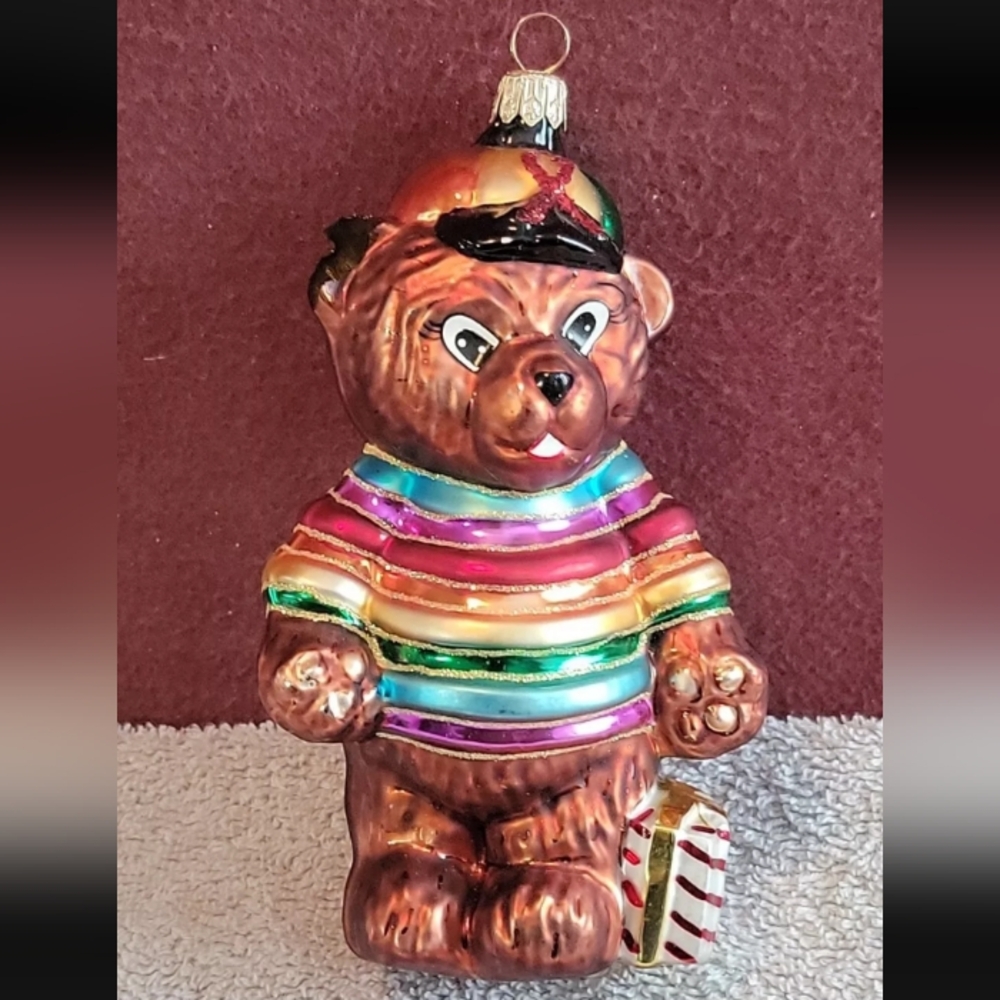 Christopher Radko Cubby's Rainbow Teddy Bear Ornament Blown Glass 1999